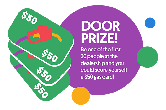 Illustration graphic showcasing the door prizes and gas cards you can win at the I heart Kijiji Roadshow event