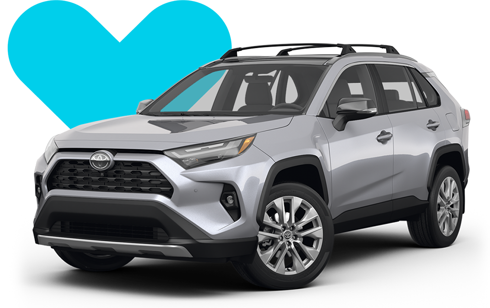 Gray 2024 Toyota RAV4 in front of a bright blue heart graphic.